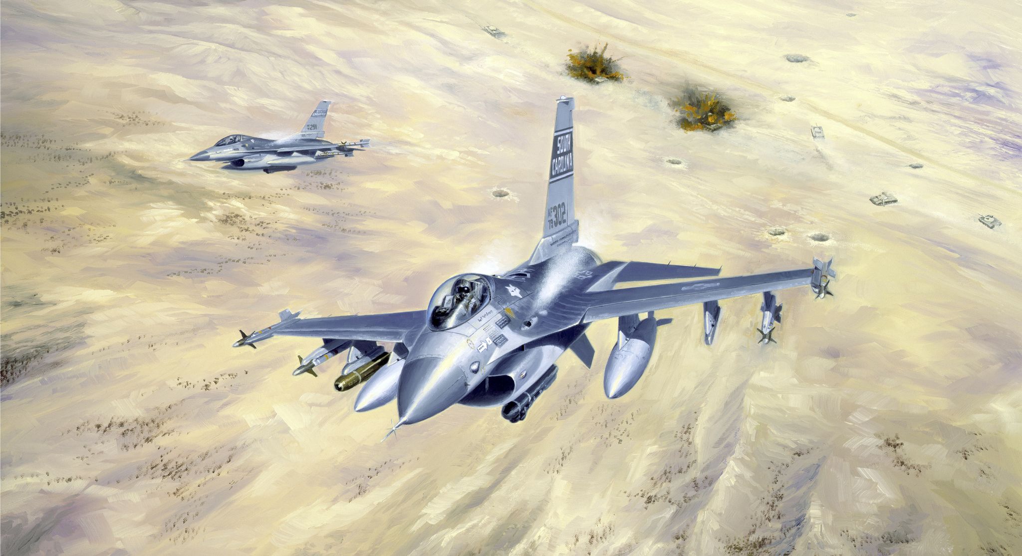 "the swamp foxes," american f16a fighter jets take out fleeing iraqi tanks the air national guard in desert storm, iraq and kuwait, february 5, 1991 oil on canvas, by david poole, 1992 photo by vcg wilsoncorbis via getty images