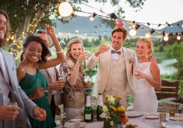 Photograph, Ceremony, Event, Bride, Wedding, Yellow, Wedding dress, Bridal clothing, Wedding reception, Backyard, 