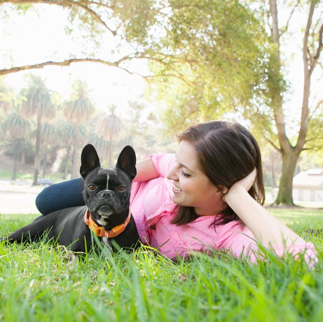 People in nature, Mammal, Dog, Photograph, Canidae, Grass, Dog breed, Love, Happy, French bulldog, 