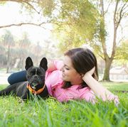 People in nature, Mammal, Dog, Photograph, Canidae, Grass, Dog breed, Love, Happy, French bulldog, 
