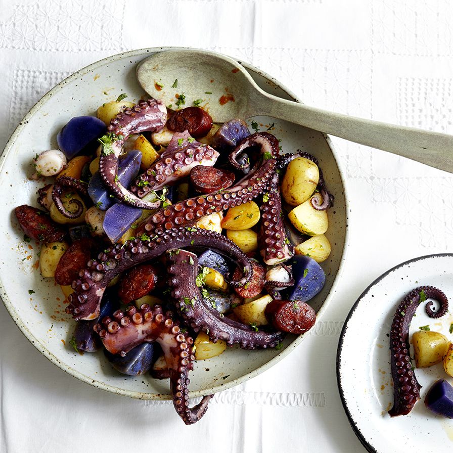 Bowl of octopus tentacles and potatoes