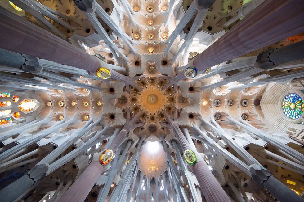 horizontal image of the sagrada familia cathedral ceiling with beautiful architectural design and amazing light in barcelona, spain