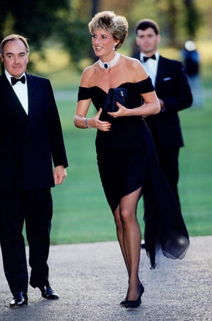 london   june 29  file photo lord palumbo greets princess diana, wearing a short black cocktail dress designed by christina stambolian, as she atttends a gala at the serpentine gallery in hyde park on june 29, 1994 in london, england photo by tim graham photo library via getty images