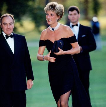 london   june 29  file photo lord palumbo greets princess diana, wearing a short black cocktail dress designed by christina stambolian, as she atttends a gala at the serpentine gallery in hyde park on june 29, 1994 in london, england photo by tim graham photo library via getty images
