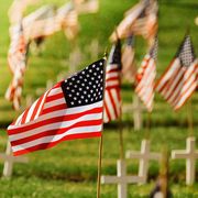 a single american flag is in focus with other american flags and crosses in background on a grassy field