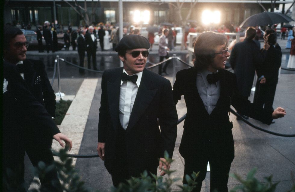 los angeles,ca   april 8,1975  actor jack nicholson and robert evans arrive to the 47th academy awards at dorothy chandler pavilion in los angeles,california photo by michael montfortmichael ochs archivesgetty images