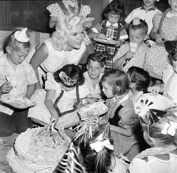 vintage birthday photos los angeles,ca november 8, 1956: actress jayne mansfield throws a birthday party for her daughter jayne marie in los angeles,california. (photo by earl leaf/michael ochs archives/getty images)