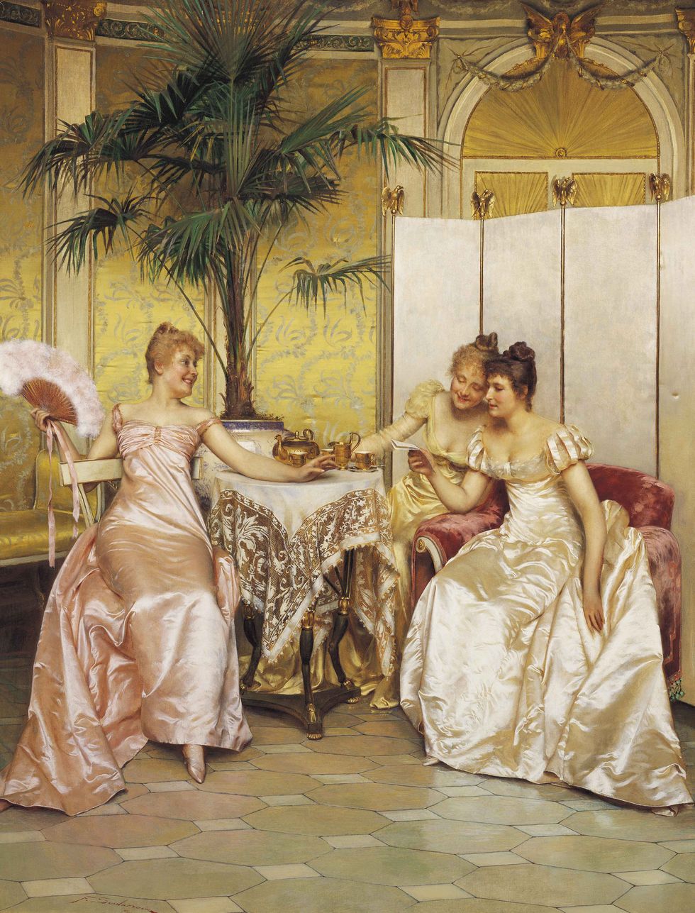 a painting of three women drinking tea