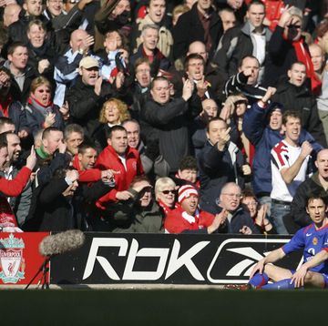 liverpool supporters shout at manchester united captain gary neville during their english fa cup match at anfield, liverpool, 2006
