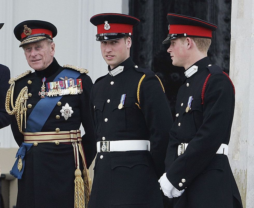 surrey, england   april 12 prince william and prince harry r with their grandfather, prince philip, duke of edinburgh on the steps of the old college after the sovereigns parade at sandhurst military academy on april 12, 2006 in surrey, england photo by tim graham photo library via getty images