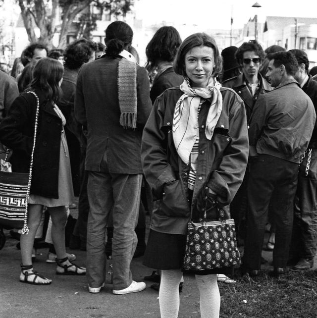 writer joan didion stands at the panhandle of golden gate park with a group of hippies during the writing of her article slouching towards bethlehem april 1967 photo by © ted streshinskycorbiscorbis via getty images