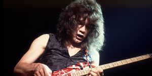 american rock musician eddie van halen, of the group van halen, performs onstage at the aragon ballroom, chicago, illinois, april 6, 1979 photo by paul natkingetty images