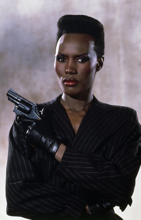 jamaican actress grace jones on the set of the james bond 007 film a view to a kill, directed by john glen photo by nancy moransygma via getty images