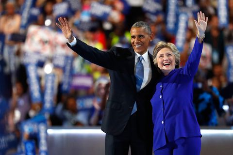 philadelphia, pa   july 27  us president barack obama and democratic presidential nominee hillary clinton wave to the crowd on the third day of the democratic national convention at the wells fargo center, july 27, 2016 in philadelphia, pennsylvania democratic presidential candidate hillary clinton received the number of votes needed to secure the partys nomination an estimated 50,000 people are expected in philadelphia, including hundreds of protesters and members of the media the four day democratic national convention kicked off july 25  photo by aaron p bernsteingetty images