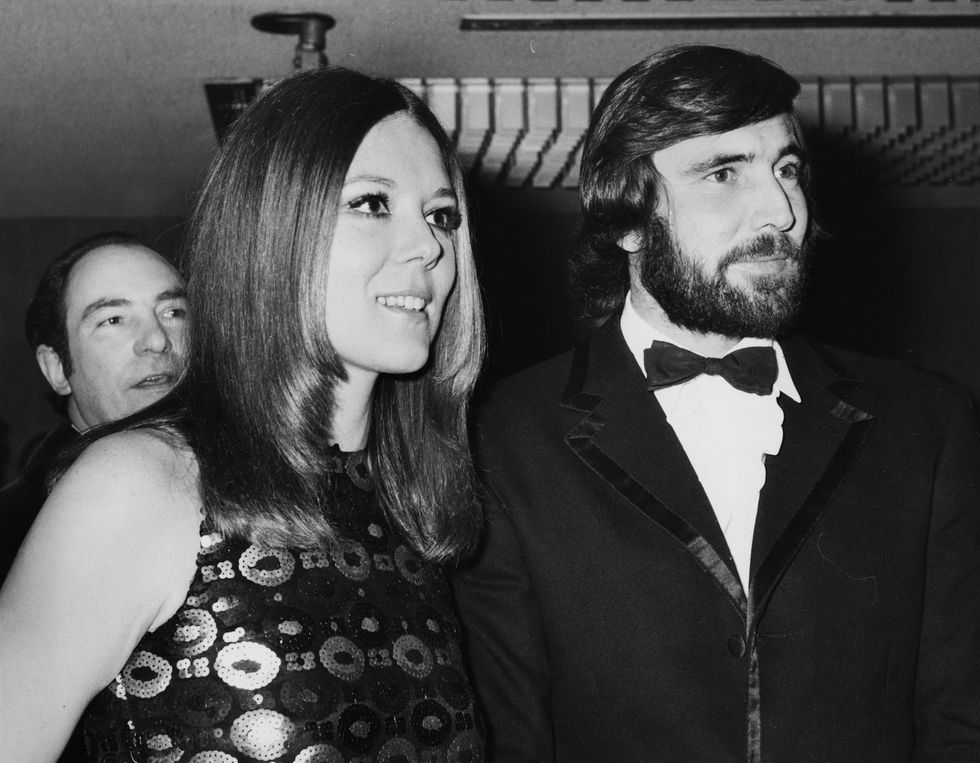 actors diana rigg and george lazenby at the premiere of the new james bond film 'on her majesty's secret service' at the odeon theatre in leicester square, london, december 18th 1969 photo by leonard burtcentral pressgetty images
