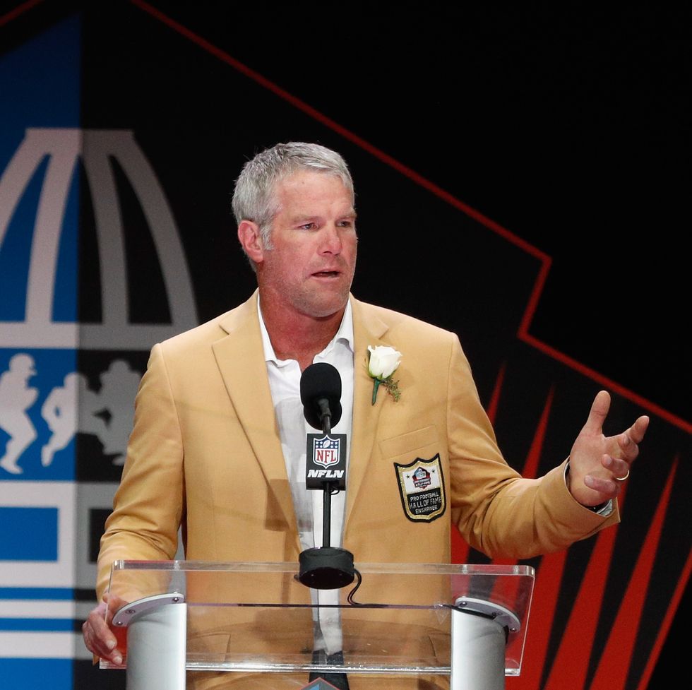 canton, oh   august 06  brett favre, former nfl quarterback, speaks during his 2016 class pro football hall of fame induction speech during the nfl hall of fame enshrinement ceremony at the tom benson hall of fame stadium on august 6, 2016 in canton, ohio  photo by joe robbinsgetty images