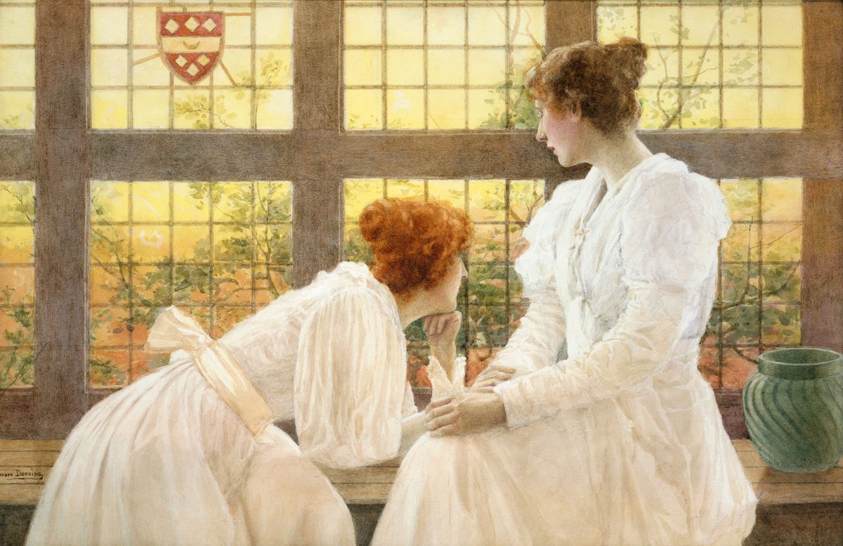 a painting of two women near a window