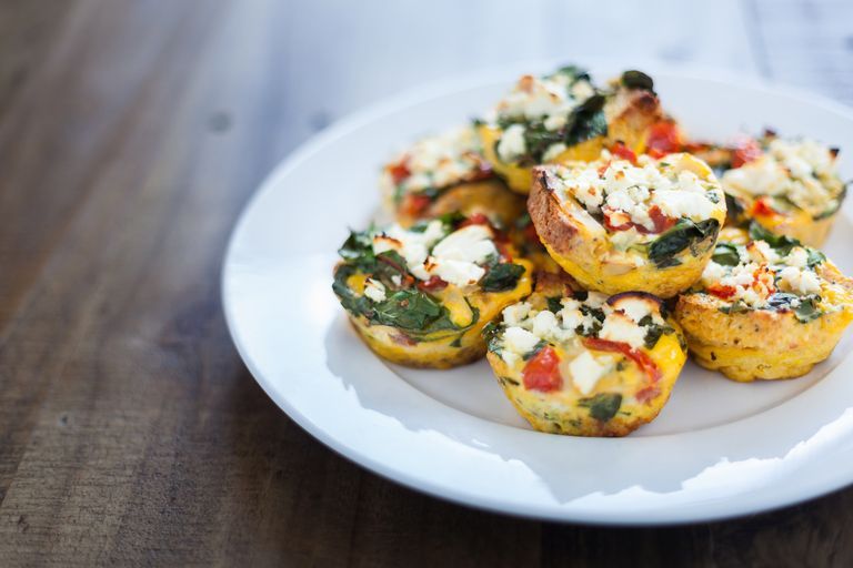 weight loss breakfast home made chicken and egg muffins, with spinach, capsicum and feta cheese