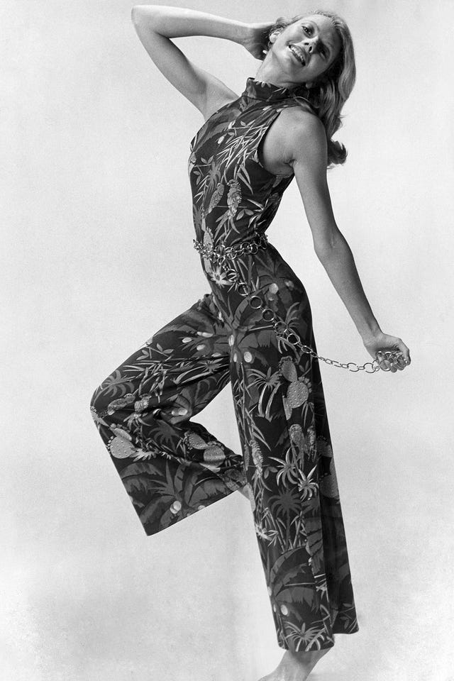 all in one floral halterneck jumpsuit with chain belt june 1974 p018046 photo by watfordmirrorpixmirrorpix via getty images