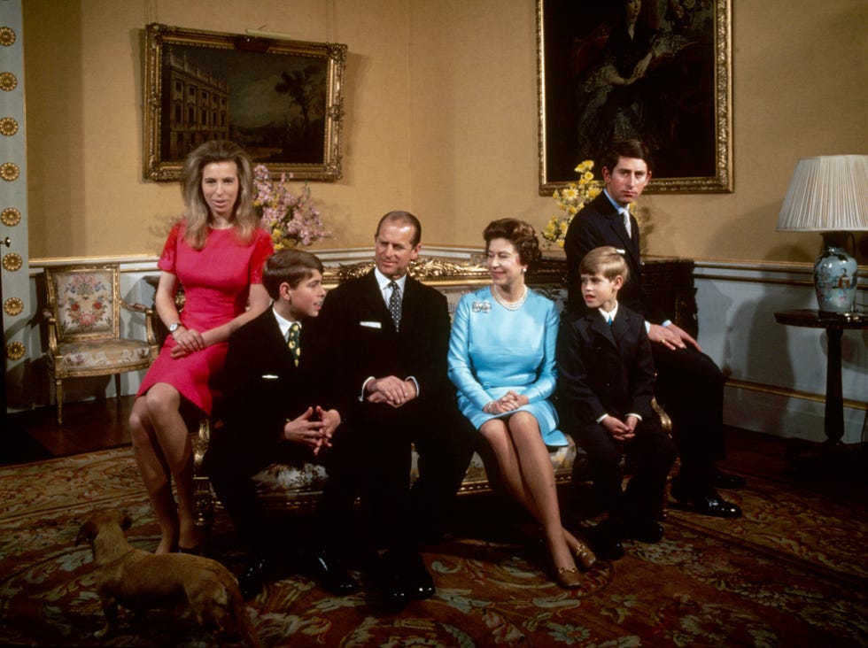 the royal family at buckingham palace, london, 1972 left to right princess anne, prince andrew, prince philip, queen elizabeth, prince edward and prince charles photo by fox photoshulton archivegetty imageselizabeth ii