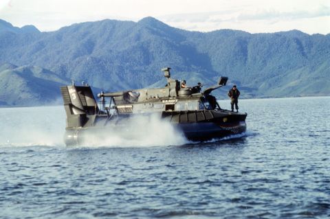 us navy patrol air cushion vehicle pacv glides over the waters of cau hai bay near hue, viet nam, august, 1968 photo by photoquestgetty images