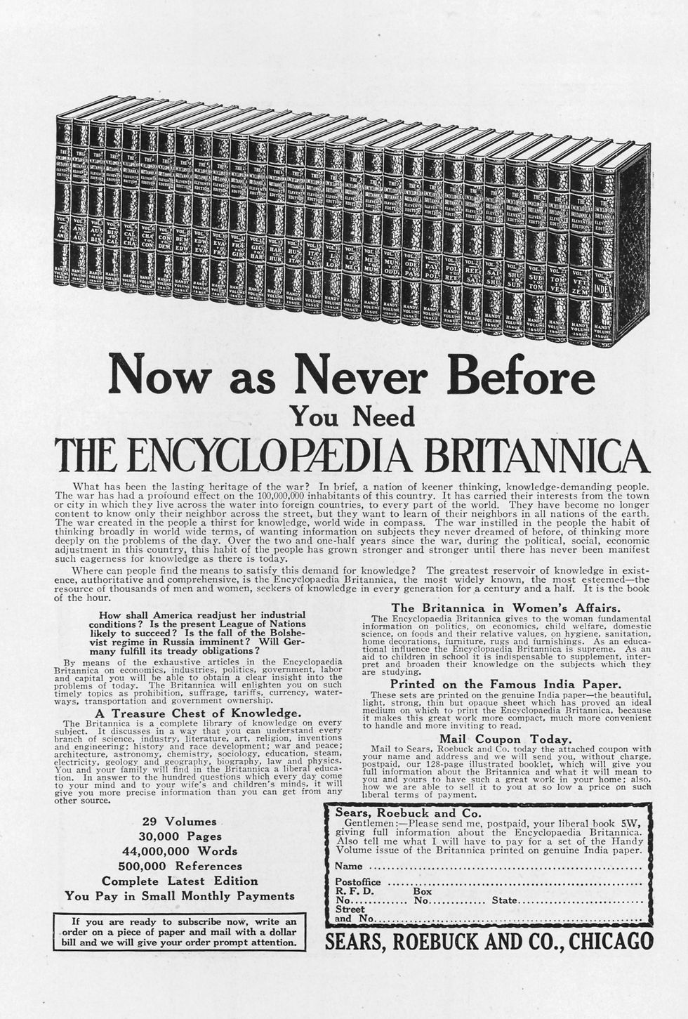 encyclopedia britannica, advertisement from the sears roebuck company, with image of a line of bound books, 1922 photo by smith collectiongadogetty images