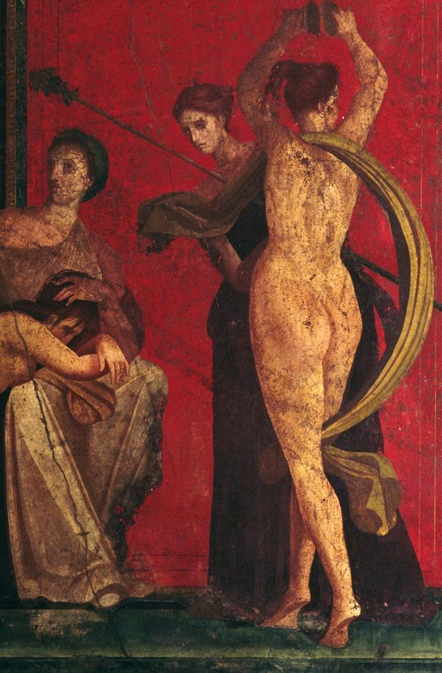 Vermilion mural in The Villa of Mysteries, Pompeii.