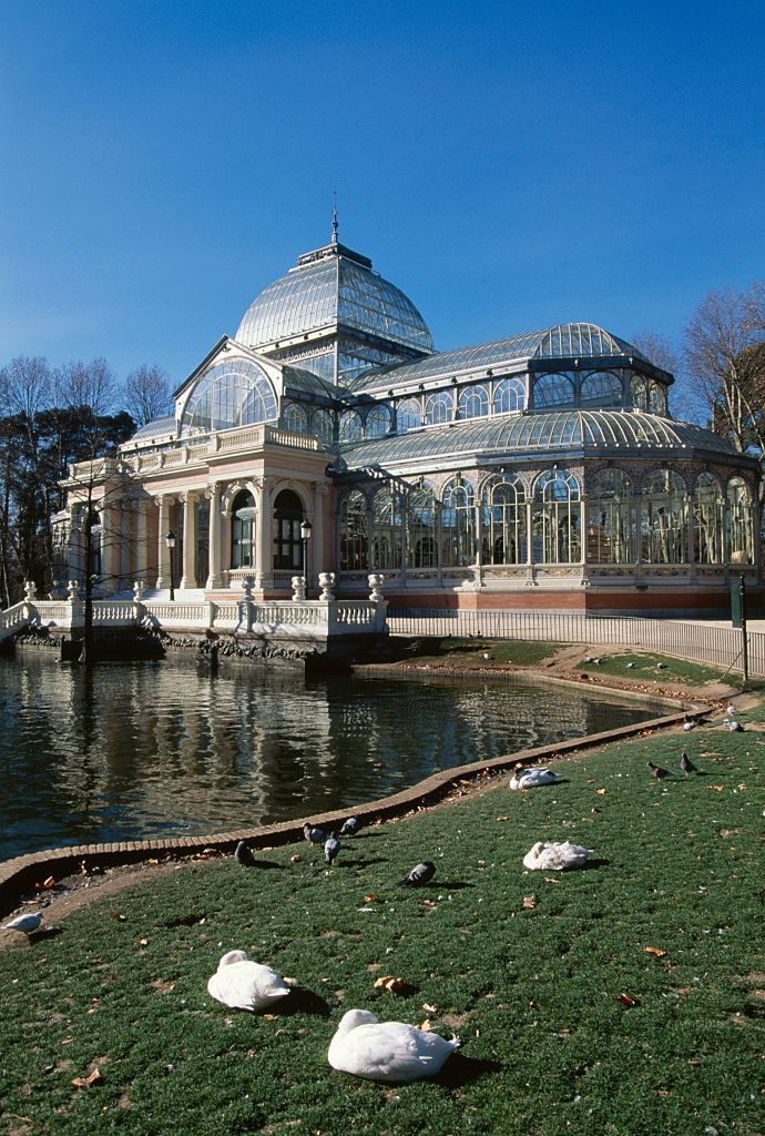 spain october 23 palacio de cristal crystal palace, 1887, glass and metal structure, buen retiro park, madrid, spain photo by deagostinigetty images