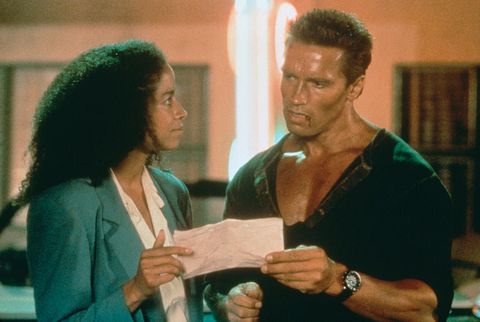 canadian american actress rae dawn chong and austrian born american actor arnold schwarzenegger on the set of commando, directed by mark l lester photo by twentieth century fox film corporationsunset boulevardcorbis via getty images