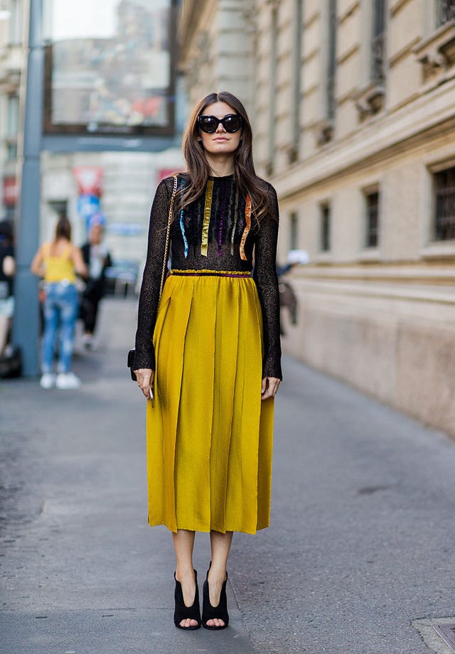 Clothing, Street fashion, Yellow, Fashion, Fashion model, Snapshot, Waist, Outerwear, Footwear, Dress, 