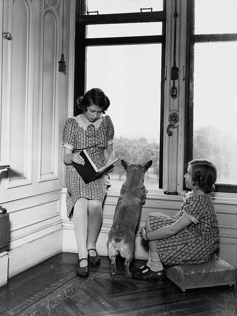 princess elizabeth reads to her sister princess margaret and jane the corgi by a window in windsor castle princess elizabeth is the future queen elizabeth ii of england photo by © hulton deutsch collectioncorbiscorbis via getty images