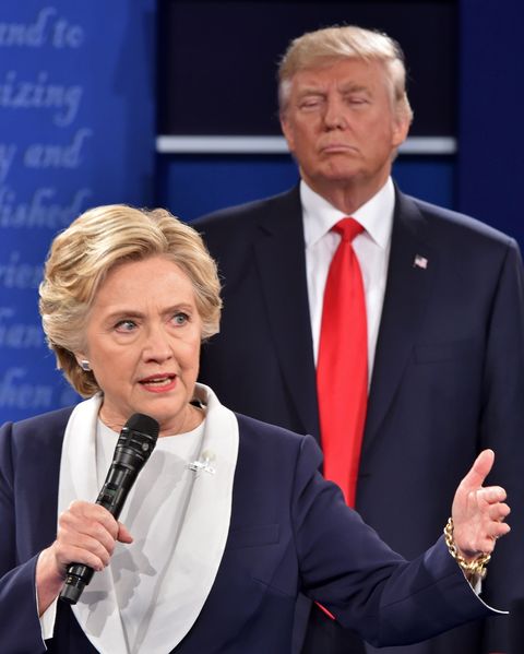 republican presidential candidate donald trump listens to democratic presidential candidate hillary clinton during the second presidential debate at washington university in st louis, missouri on october 9, 2016  afp  paul j richards        photo credit should read paul j richardsafp via getty images
