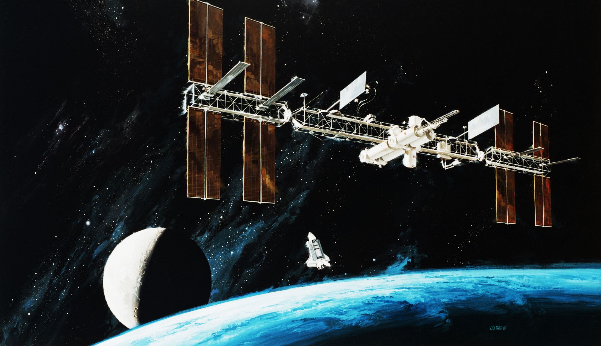 space station, satellite, spacecraft, space, outer space, vehicle, building, illustration,
