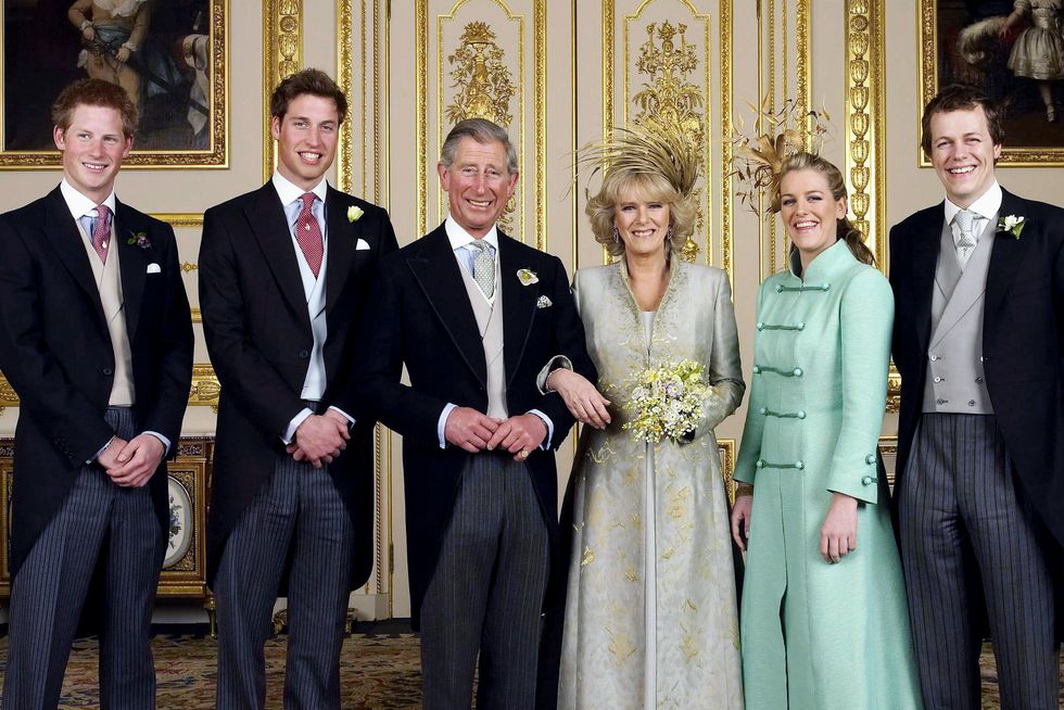 prince charles, the prince of wales and his new bride camilla, duchess of cornwall, with their children prince harry, prince william, tom and laura parker bowles, in the white drawing room at windsor castle  location windsor, united kingdom uk photo by © pool photographcorbiscorbis via getty images