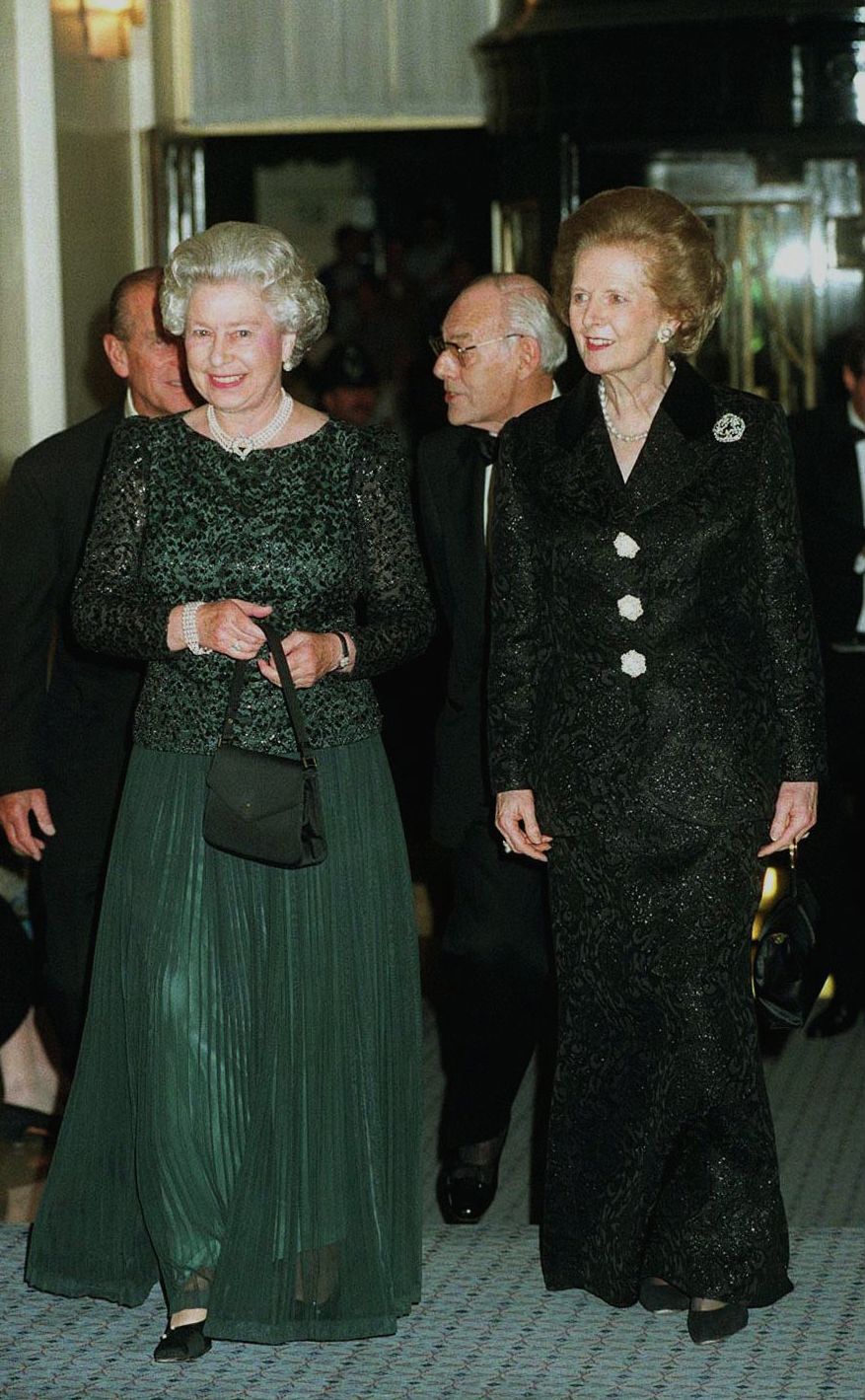 Queen Elizabeth II and Margaret Thatcher at the prime minister's 70th birthday celebration, October 16, 1995