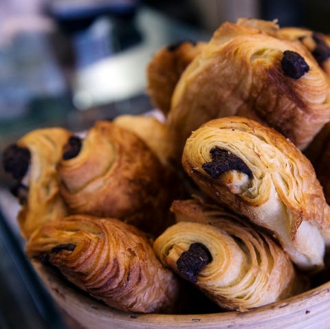 a basket of chocolate croissants