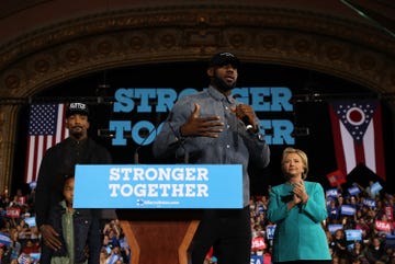cleveland, oh november 06 lebron james c speaks as democratic presidential nominee former secretary of state hillary clinton r and jr smith l look on during a campaign rally at the cleveland public auditorium on november 6, 2016 in cleveland, ohio with two days to go until election day, hillary clinton is campaigning in florida and pennsylvania photo by justin sullivangetty images