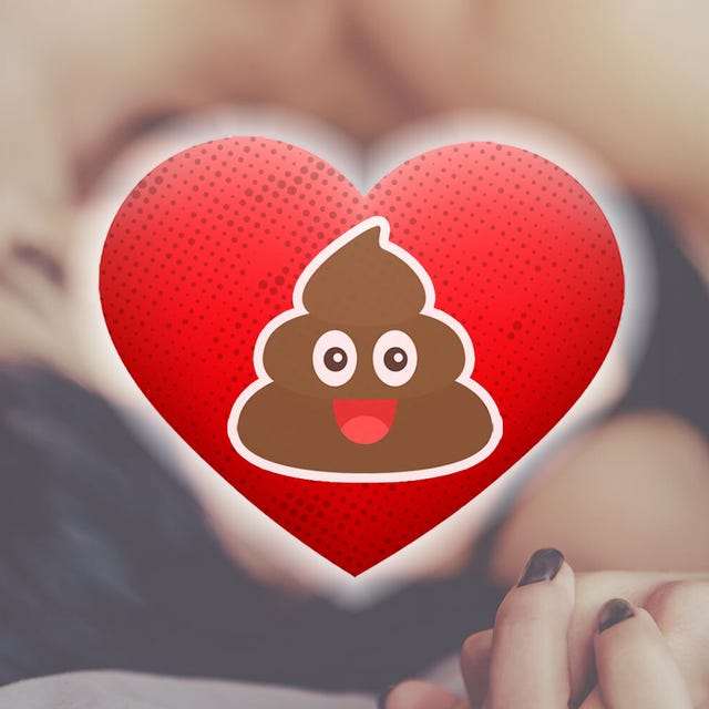 a poop emoji in a heart on top of a couple kissing in bed