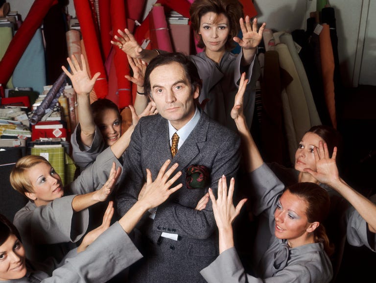 fashion designer pierre cardin stands in his studio surrounded by models photo by pierre vautheysygmasygma via getty images