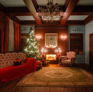 calm image of interior classic new year tree decorated in a room with a fireplace
