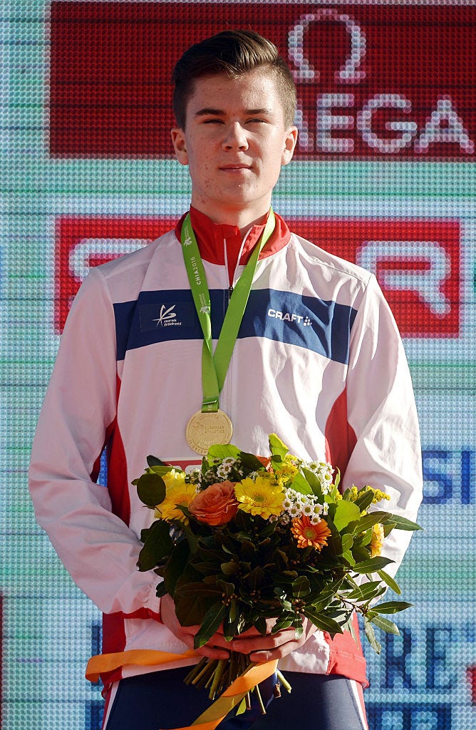 chia , italy   11 december 2016 jakob ingebrigtsen of norway who came first place in the mens under 20 race during the medal presentation at the 2016 spar european cross country championships in chia, italy photo by eóin noonansportsfile via getty images