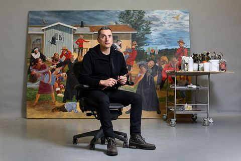 toronto, on   december 21     kent monkman, a canadian artist of cree ancestry poses with one of his large scale history paintings called the scream this large 7 x 106 acrylic on canvas is set to be on view as part of shame and prejudice in the new year        randy rislingtoronto star via getty images
