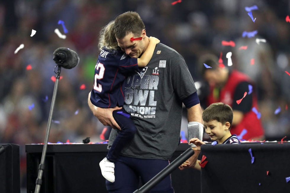 houston, tx   february 05 tom brady 12 of the new england patriots celebrates with his children after defeating the atlanta falcons during super bowl 51 at nrg stadium on february 5, 2017 in houston, texas the patriots defeated the falcons 34 28 photo by patrick smithgetty images