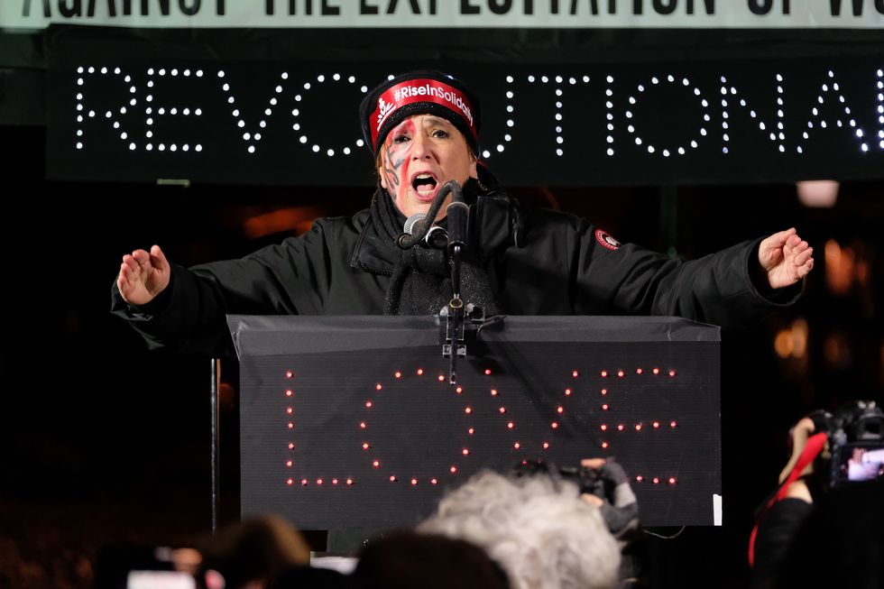new york, ny   february 14  eve ensler speaks onstage during artistic uprising   a call for revolutionarylove at washington square park on february 14, 2017 in new york city  photo by d dipasupilgetty images