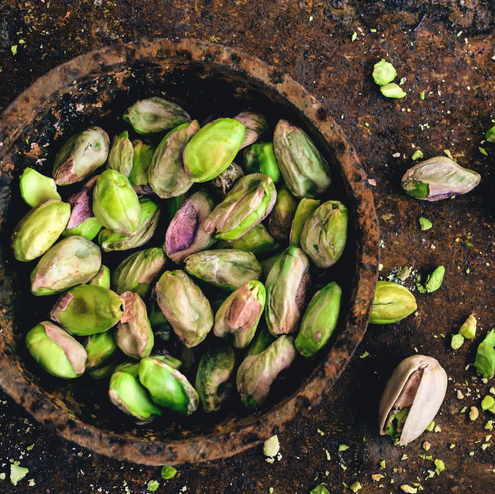 pistachio nuts, high angle view