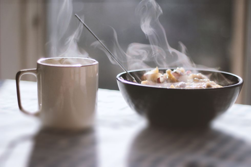 steaming porridge and tea