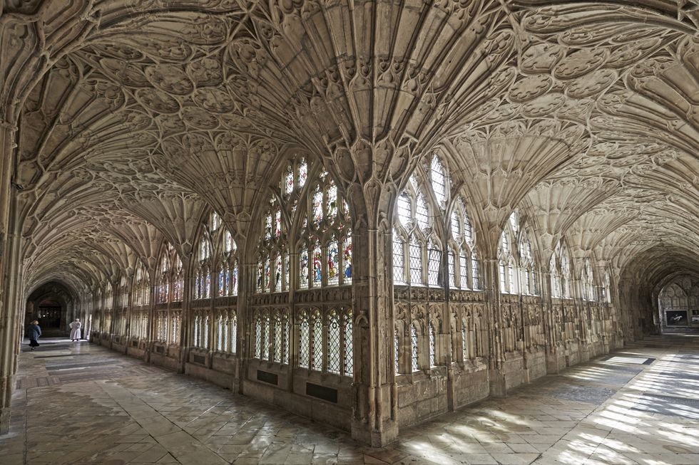 interior of cloisters of the gloucester cathedral cathedral church of st peter and the holy and indivisible trinity in gloucester
