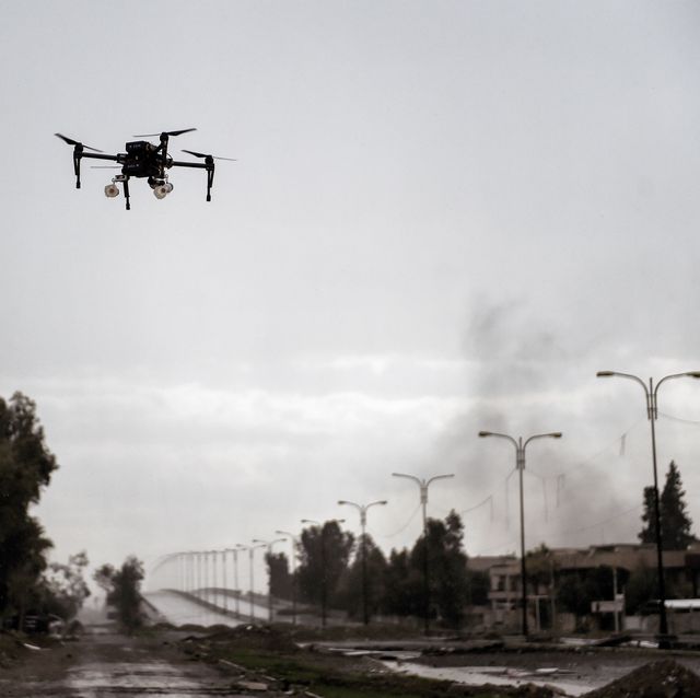 Drone armed with hand grenades over Mosul, 2017.