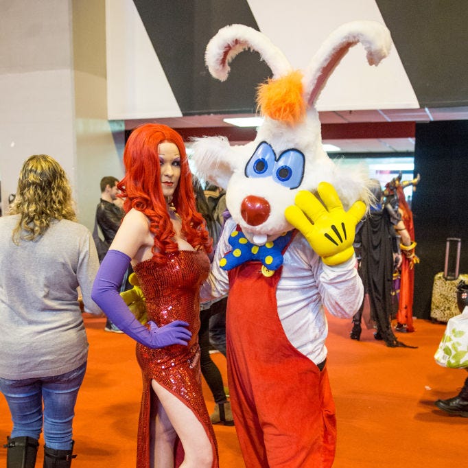 jessica rabbit and roger rabbit during the mcm birmingham comic con at nec arena