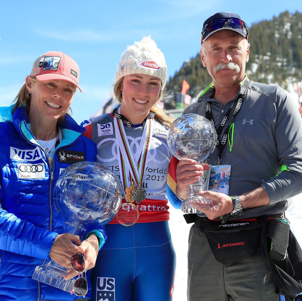 aspen, co   march 19  eileen shiffrin, mikaela shiffrin and jeff shiffrin pose with the globes for being awarded the overall season ladies champion and lasies season slalom champion at the 2017 audi fis ski world cup finals at aspen mountain on march 19, 2017 in aspen, colorado  photo by tom penningtongetty images